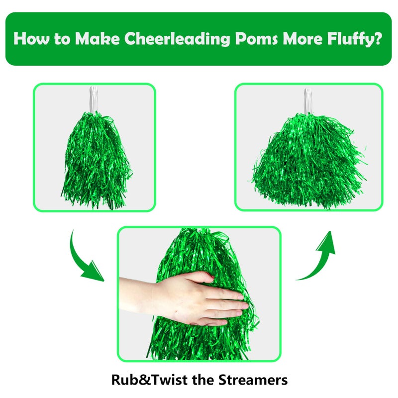 PPXMEEUDC 16PCS Cheerleading Pom Poms Metallic Foil Plastic Pom Poms with Baton Handle for Game Sports Squads Dancing Party Football Basketball Club Spirit Sports Stage Performance Celebration (Green) - Image 3